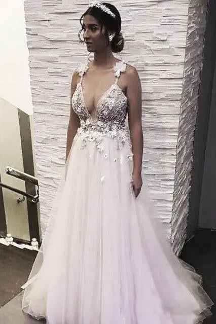 Floral Open Back Deep V-neck Straps Tulle Appliques Prom Dresses Wedding Dress OK180