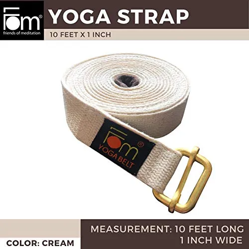 FOM (Friends of Meditation) High Quality Thick and Reinforced Cotton Yoga Belt with An Adjustable Brass Buckle for Daily Stretching, Yoga, Pilates, Physical Therapy, Fitness (White, 10ft x 1”).