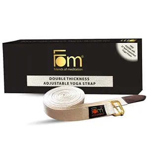 FOM (Friends of Meditation) High Quality Thick and Reinforced Cotton Yoga Belt with An Adjustable Brass Buckle for Daily Stretching, Yoga, Pilates, Physical Therapy, Fitness (White, 10ft x 1”).