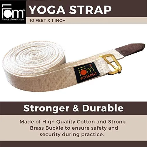 FOM (Friends of Meditation) High Quality Thick and Reinforced Cotton Yoga Belt with An Adjustable Brass Buckle for Daily Stretching, Yoga, Pilates, Physical Therapy, Fitness (White, 10ft x 1”).