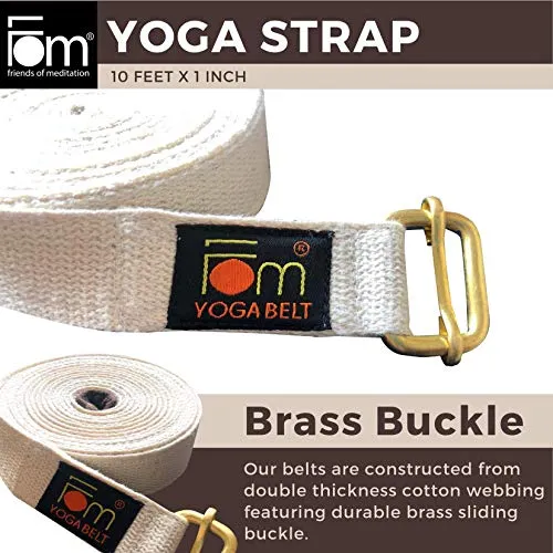 FOM (Friends of Meditation) High Quality Thick and Reinforced Cotton Yoga Belt with An Adjustable Brass Buckle for Daily Stretching, Yoga, Pilates, Physical Therapy, Fitness (White, 10ft x 1”).
