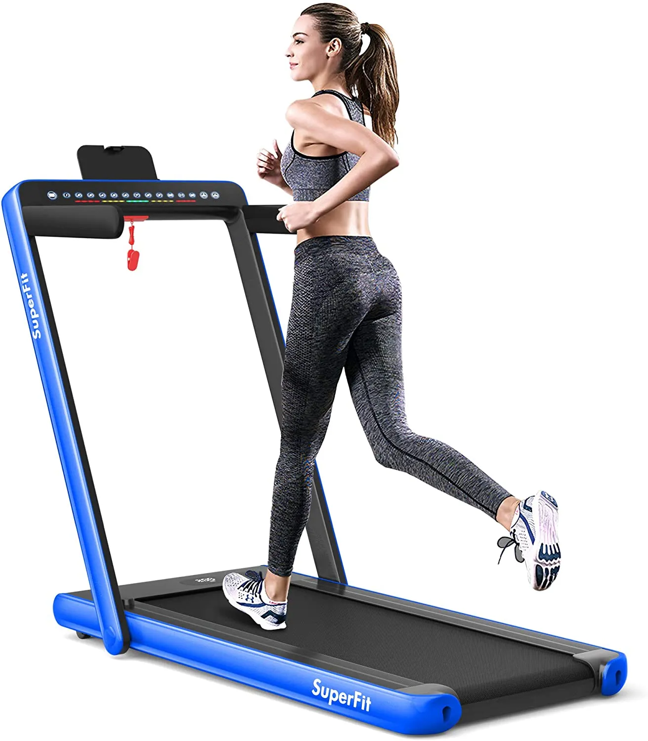 Goplus 2 in 1 Folding Treadmill with Dual Display, 2.25HP Superfit Under Desk Electric Pad Treadmill, Installation-Free, Blue Tooth Speaker, Remote Control, Walking Jogging Machine for Home/Office Use