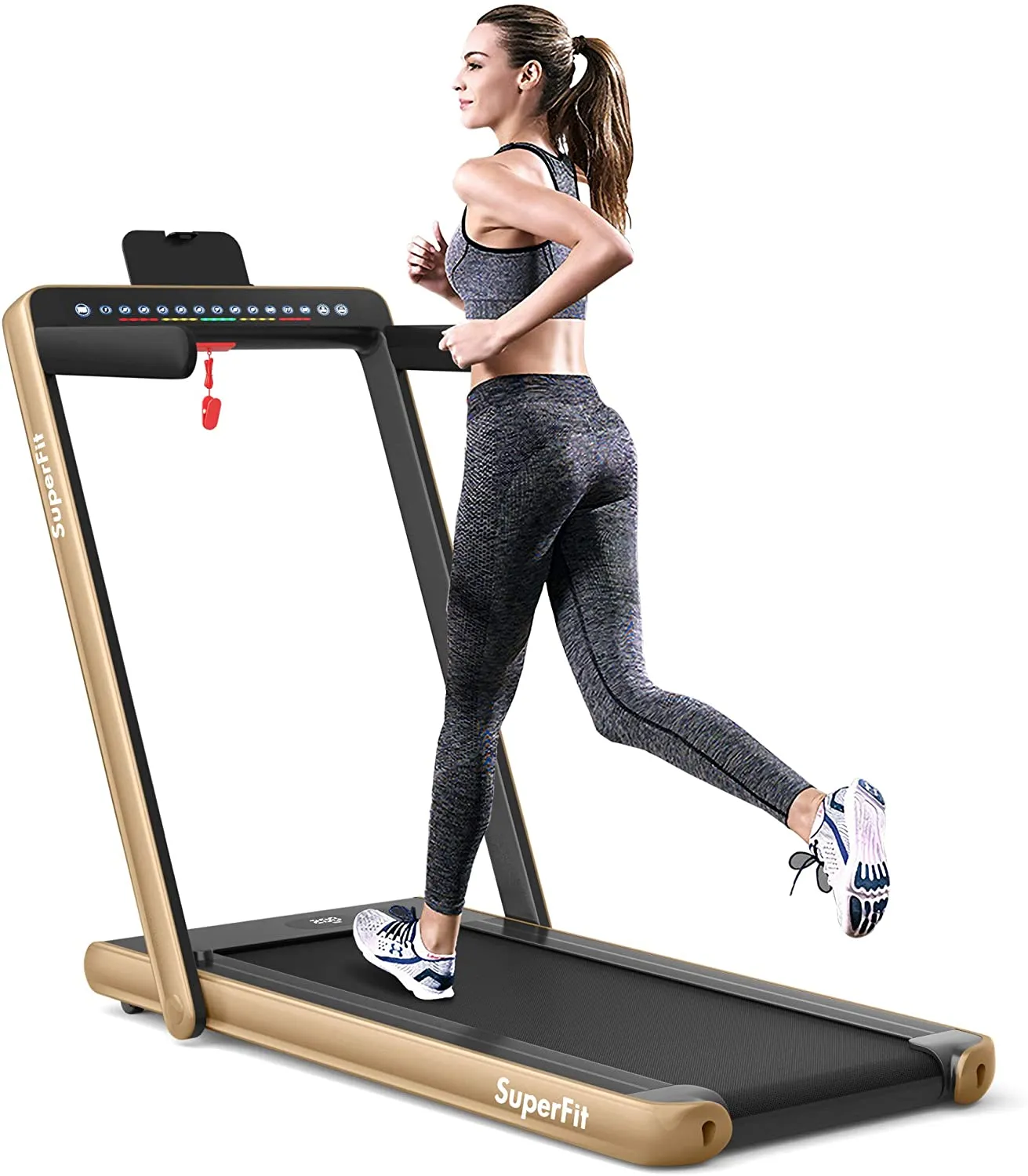 Goplus 2 in 1 Folding Treadmill with Dual Display, 2.25HP Superfit Under Desk Electric Pad Treadmill, Installation-Free, Blue Tooth Speaker, Remote Control, Walking Jogging Machine for Home/Office Use