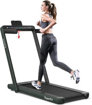Goplus 2 in 1 Folding Treadmill with Dual Display, 2.25HP Superfit Under Desk Electric Pad Treadmill, Installation-Free, Blue Tooth Speaker, Remote Control, Walking Jogging Machine for Home/Office Use