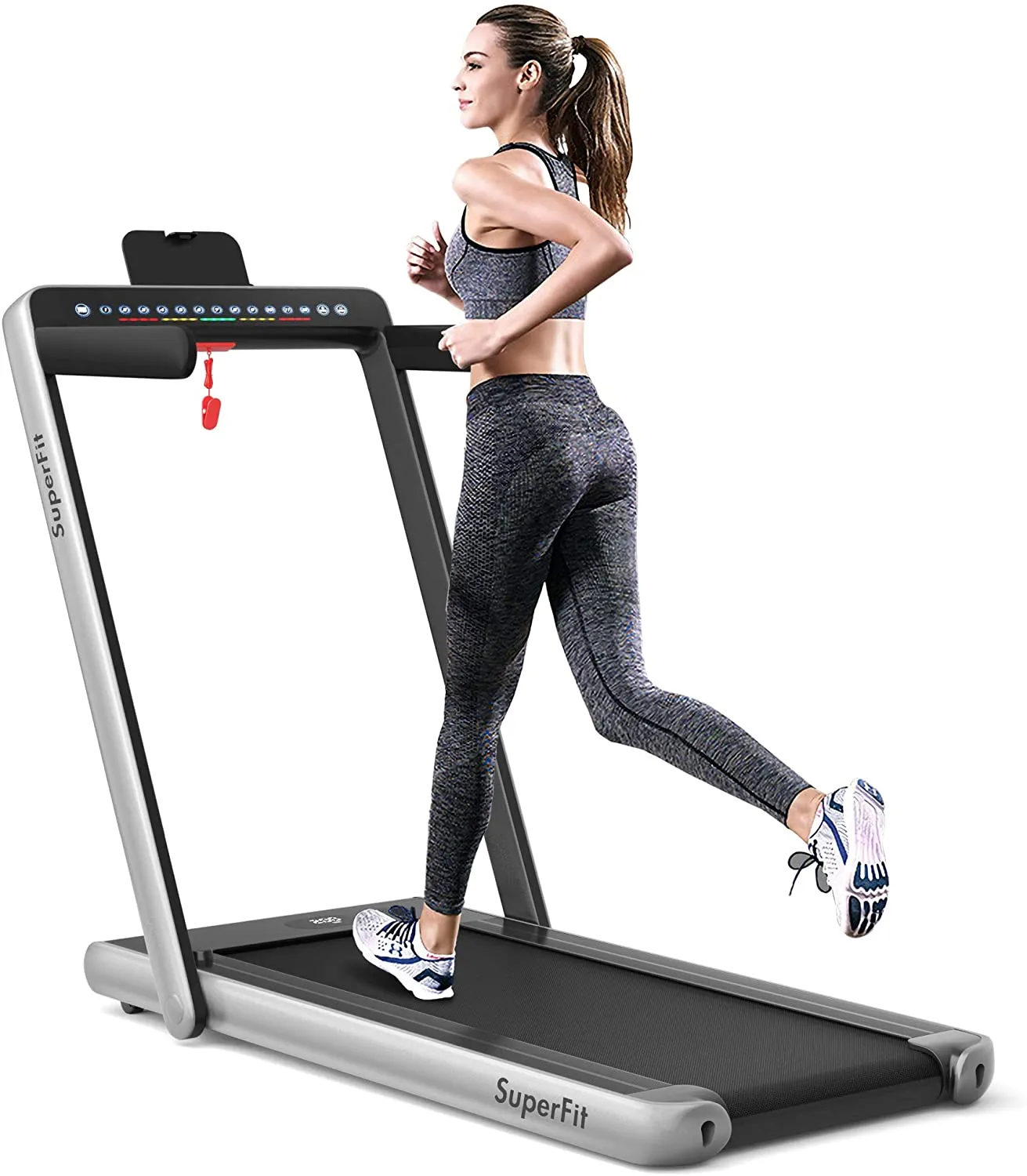 Goplus 2 in 1 Folding Treadmill with Dual Display, 2.25HP Superfit Under Desk Electric Pad Treadmill, Installation-Free, Blue Tooth Speaker, Remote Control, Walking Jogging Machine for Home/Office Use