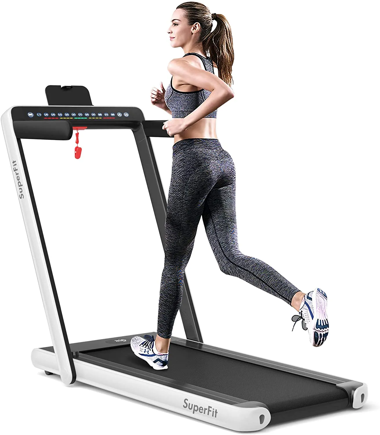 Goplus 2 in 1 Folding Treadmill with Dual Display, 2.25HP Superfit Under Desk Electric Pad Treadmill, Installation-Free, Blue Tooth Speaker, Remote Control, Walking Jogging Machine for Home/Office Use
