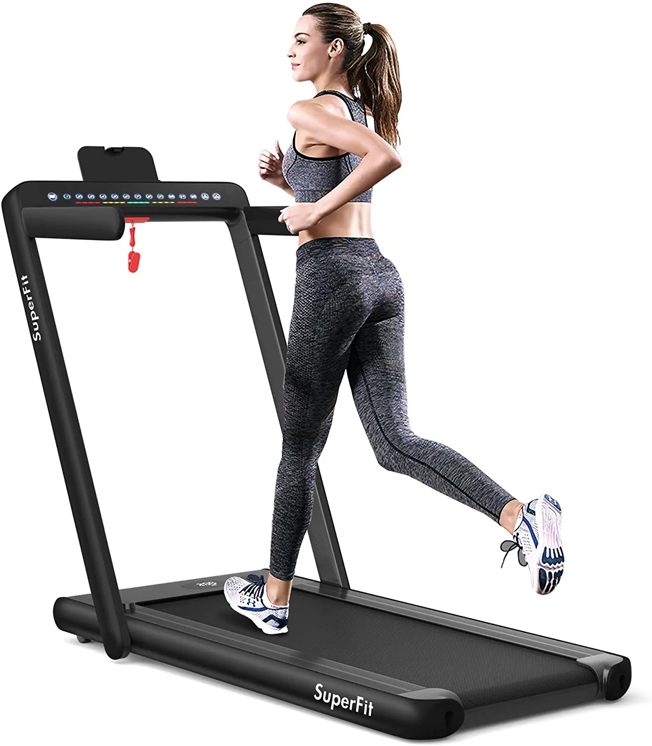 Goplus 2 in 1 Folding Treadmill with Dual Display, 2.25HP Superfit Under Desk Electric Pad Treadmill, Installation-Free, Blue Tooth Speaker, Remote Control, Walking Jogging Machine for Home/Office Use