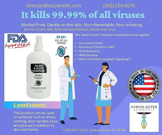 KS Scientific Hand & Body Sanitizer Spray, 16 oz - Alcohol-Free, FDA