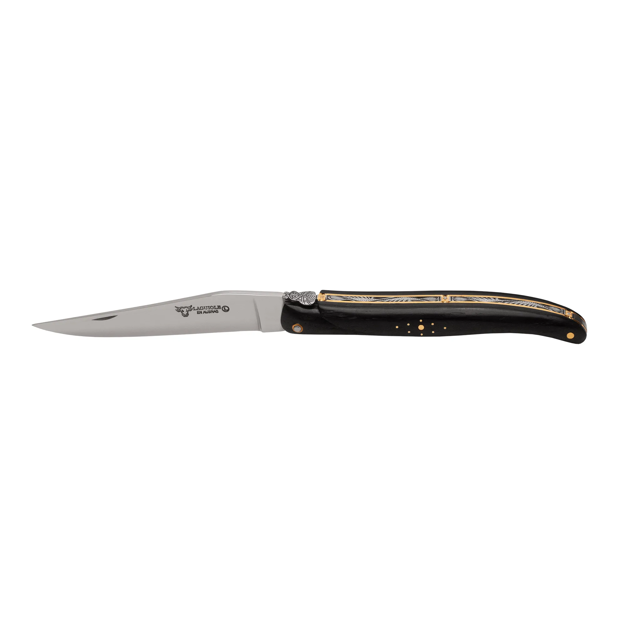 Laguiole en Aubrac Le Bijou Eclipse Luxury Multipurpose Knife, 4.8-in (12cm), Bog Oak Handle, With Two Brass Plates, And Handcarved Spring