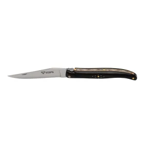 Laguiole en Aubrac Le Bijou Eclipse Luxury Multipurpose Knife, 4.8-in (12cm), Bog Oak Handle, With Two Brass Plates, And Handcarved Spring