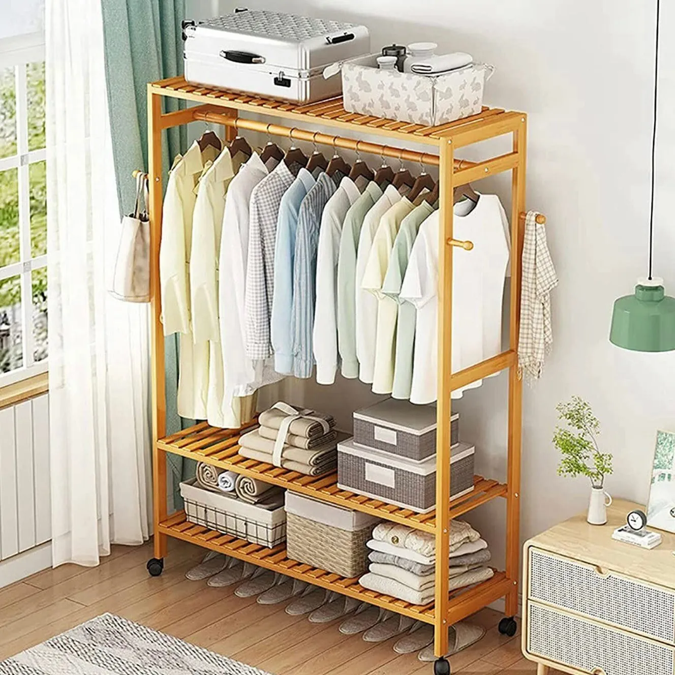 Large Bamboo Wooden Clothes Hanging Rail | Rail with 3 Open Shelves & 4 Hooks | Open Wardrobe with Wheels