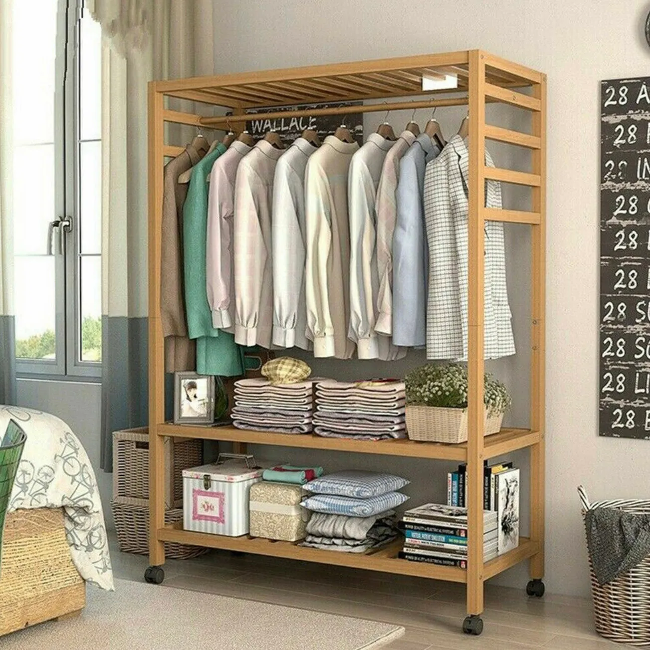 Large Bamboo Wooden Clothes Hanging Rail | Rail with 3 Open Shelves & 4 Hooks | Open Wardrobe with Wheels