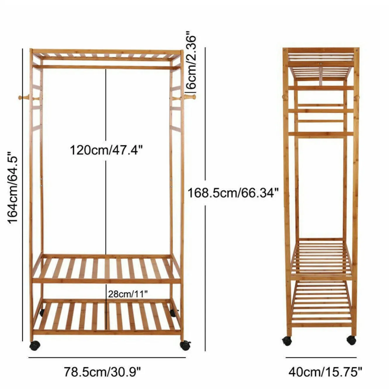 Large Bamboo Wooden Clothes Hanging Rail | Rail with 3 Open Shelves & 4 Hooks | Open Wardrobe with Wheels