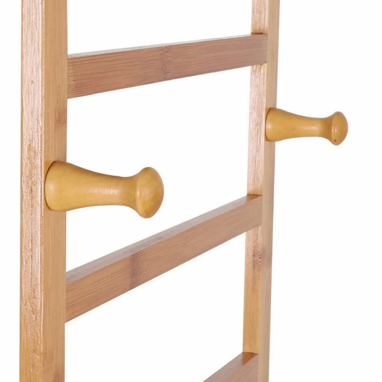 Large Bamboo Wooden Clothes Hanging Rail | Rail with 3 Open Shelves & 4 Hooks | Open Wardrobe with Wheels