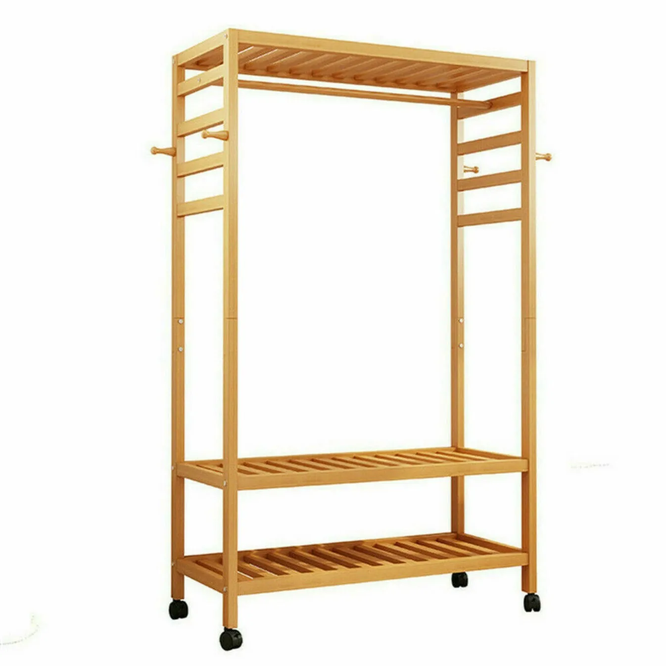 Large Bamboo Wooden Clothes Hanging Rail | Rail with 3 Open Shelves & 4 Hooks | Open Wardrobe with Wheels