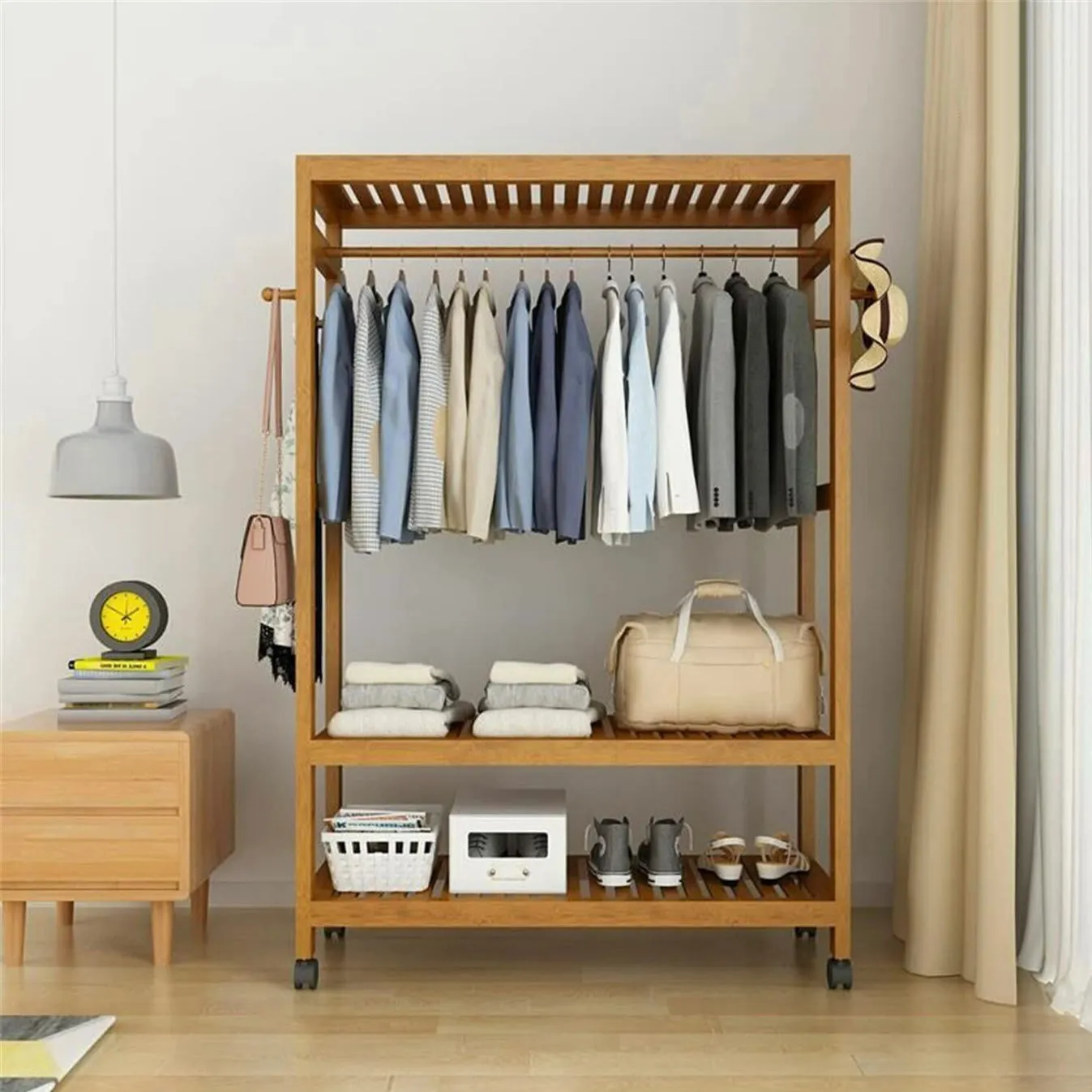 Large Bamboo Wooden Clothes Hanging Rail | Rail with 3 Open Shelves & 4 Hooks | Open Wardrobe with Wheels