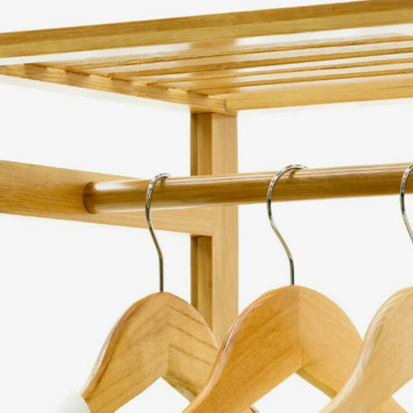 Large Bamboo Wooden Clothes Hanging Rail | Rail with 3 Open Shelves & 4 Hooks | Open Wardrobe with Wheels