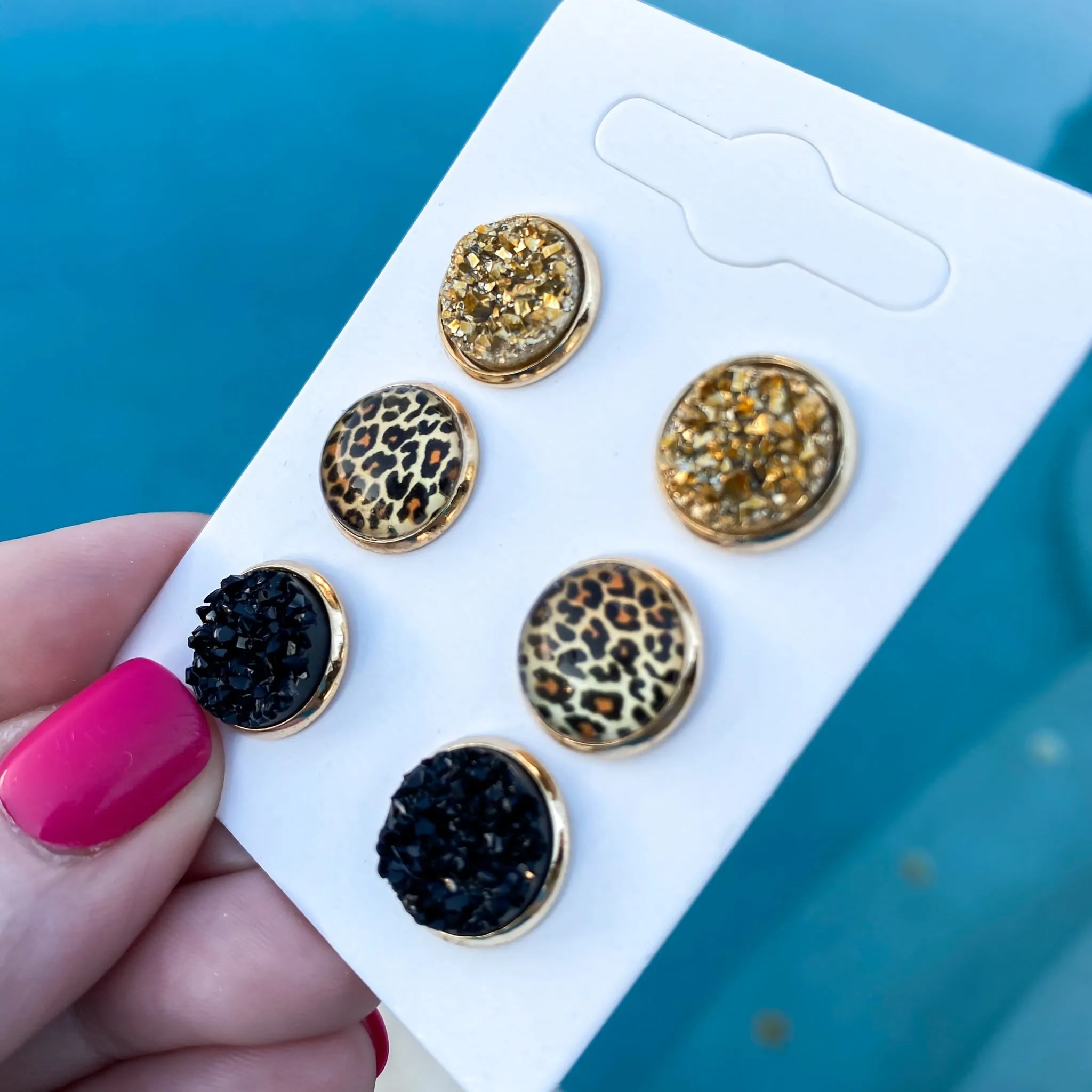 Leopard, Gold, & Black Druzy Stud Earrings Set