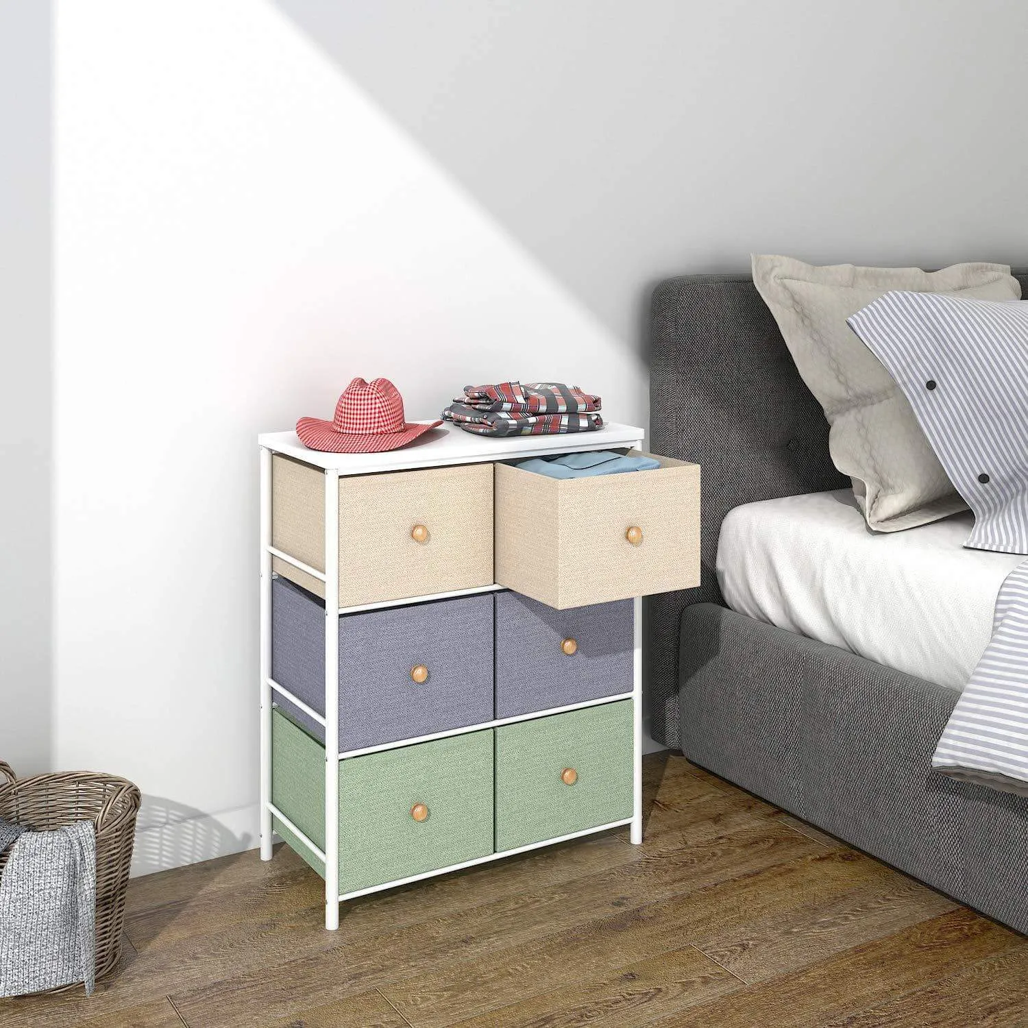 Lifewit Small Storage Drawer Unit with Metal Frame for Children, Small Clothes Organizer with Wooden Tabletop for Livingroom, Bedroom, Cabinet with 6 Easy Pull Fabric Drawers, 3-Tier