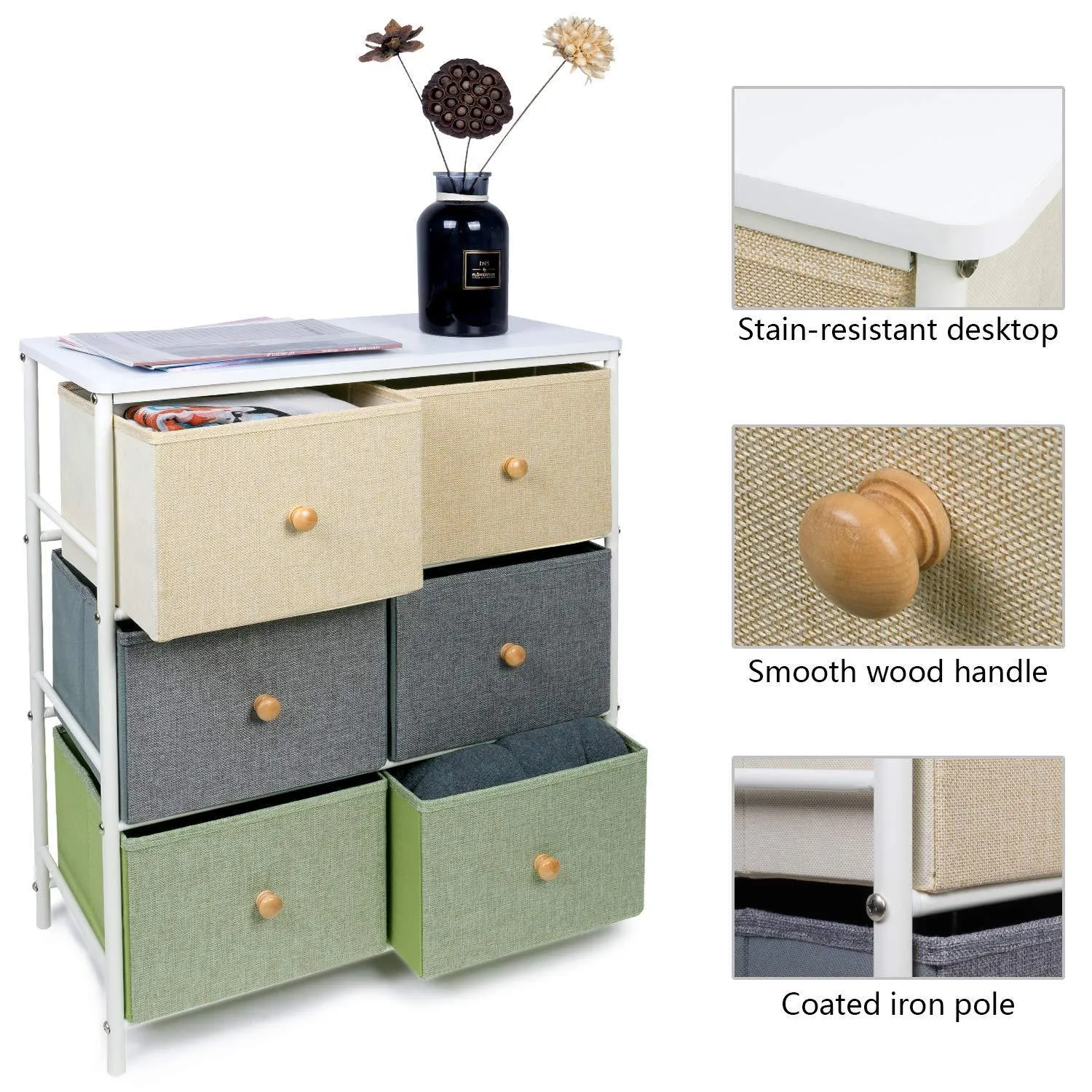 Lifewit Small Storage Drawer Unit with Metal Frame for Children, Small Clothes Organizer with Wooden Tabletop for Livingroom, Bedroom, Cabinet with 6 Easy Pull Fabric Drawers, 3-Tier