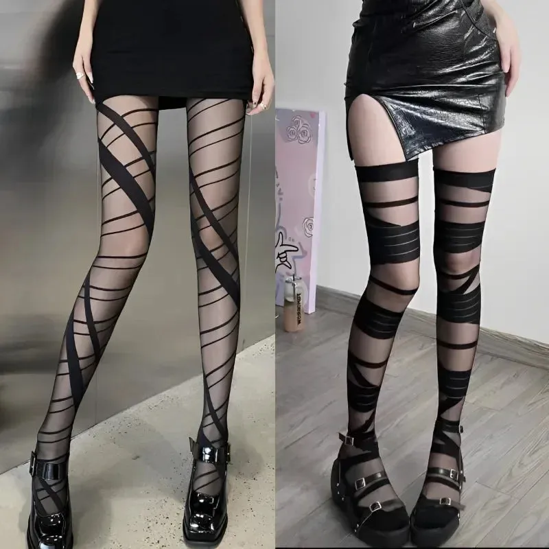 Lolita Women’s Ultrathin Cross Strappy High-Waist Semi-Sheer Pantyhose | Sexy Summer Stockings