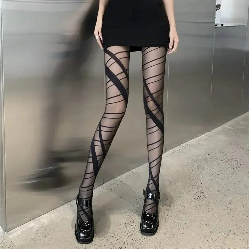 Lolita Women’s Ultrathin Cross Strappy High-Waist Semi-Sheer Pantyhose | Sexy Summer Stockings