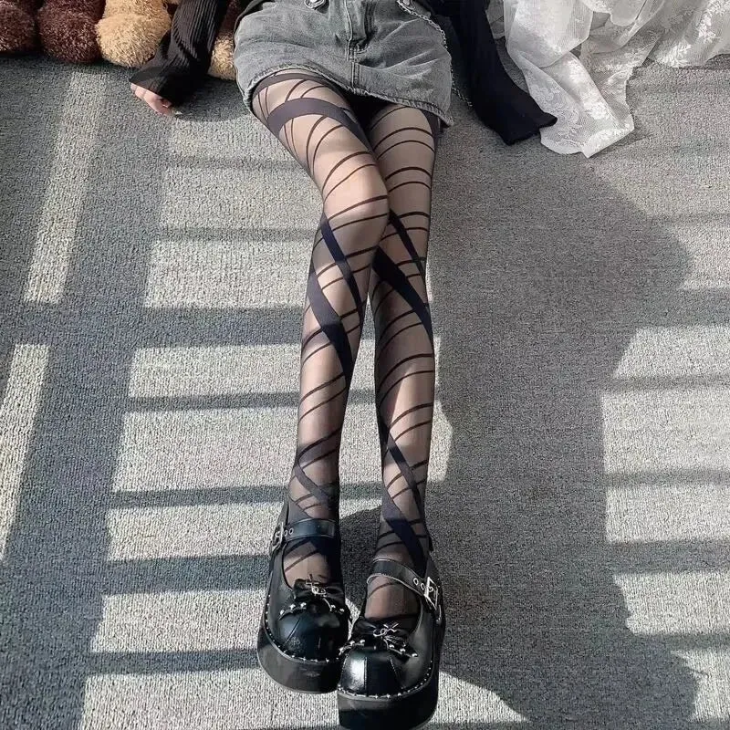 Lolita Women’s Ultrathin Cross Strappy High-Waist Semi-Sheer Pantyhose | Sexy Summer Stockings