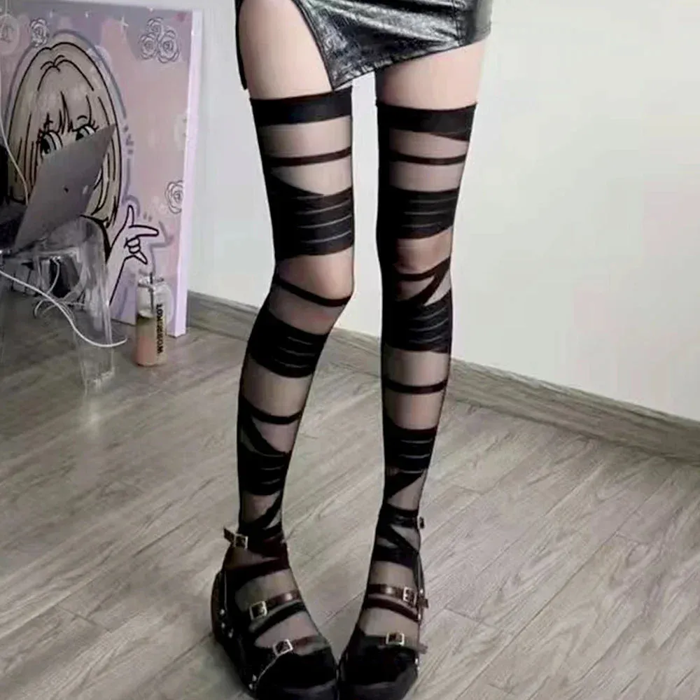 Lolita Women’s Ultrathin Cross Strappy High-Waist Semi-Sheer Pantyhose | Sexy Summer Stockings