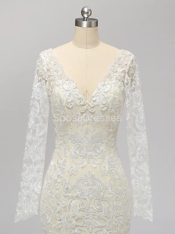 Long Sleeves Backless Lace Mermaid Wedding Dresses Online, Cheap Unique Bridal Dresses, WD585