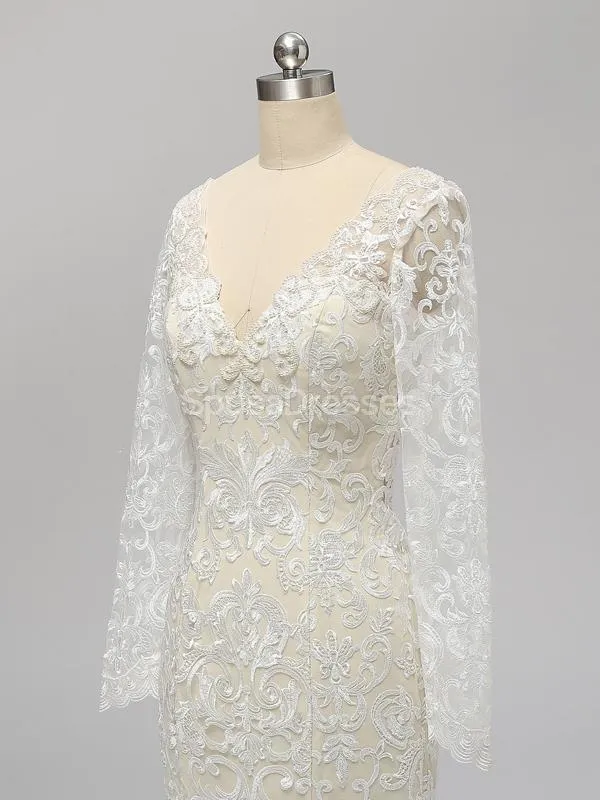 Long Sleeves Backless Lace Mermaid Wedding Dresses Online, Cheap Unique Bridal Dresses, WD585