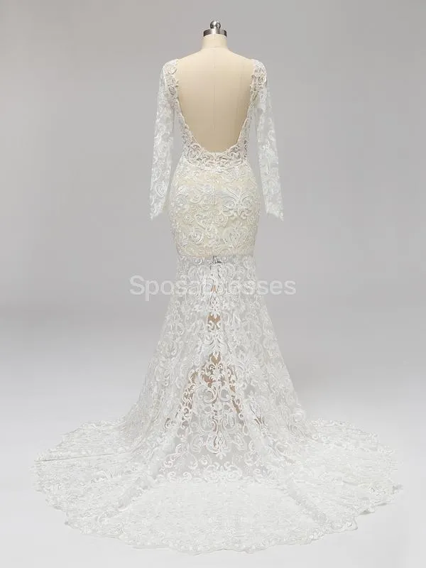 Long Sleeves Backless Lace Mermaid Wedding Dresses Online, Cheap Unique Bridal Dresses, WD585