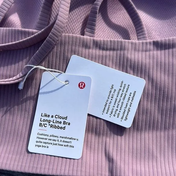 Lululemon Like a Cloud Longline Ribbed Bra D/DD Cups rose blush size 8 NWT