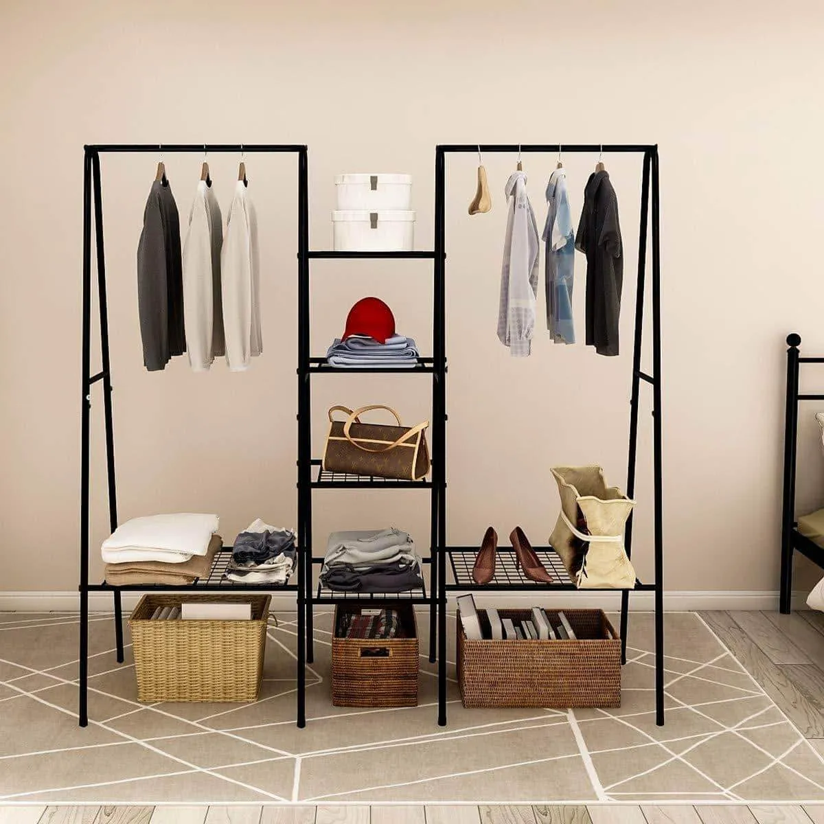 Metal Garment Rack Heavy Duty Indoor Bedroom Clothing Hanger with Top Rod and Lower Storage Shelf Clothes Rack with 1-Tier Shelves Black