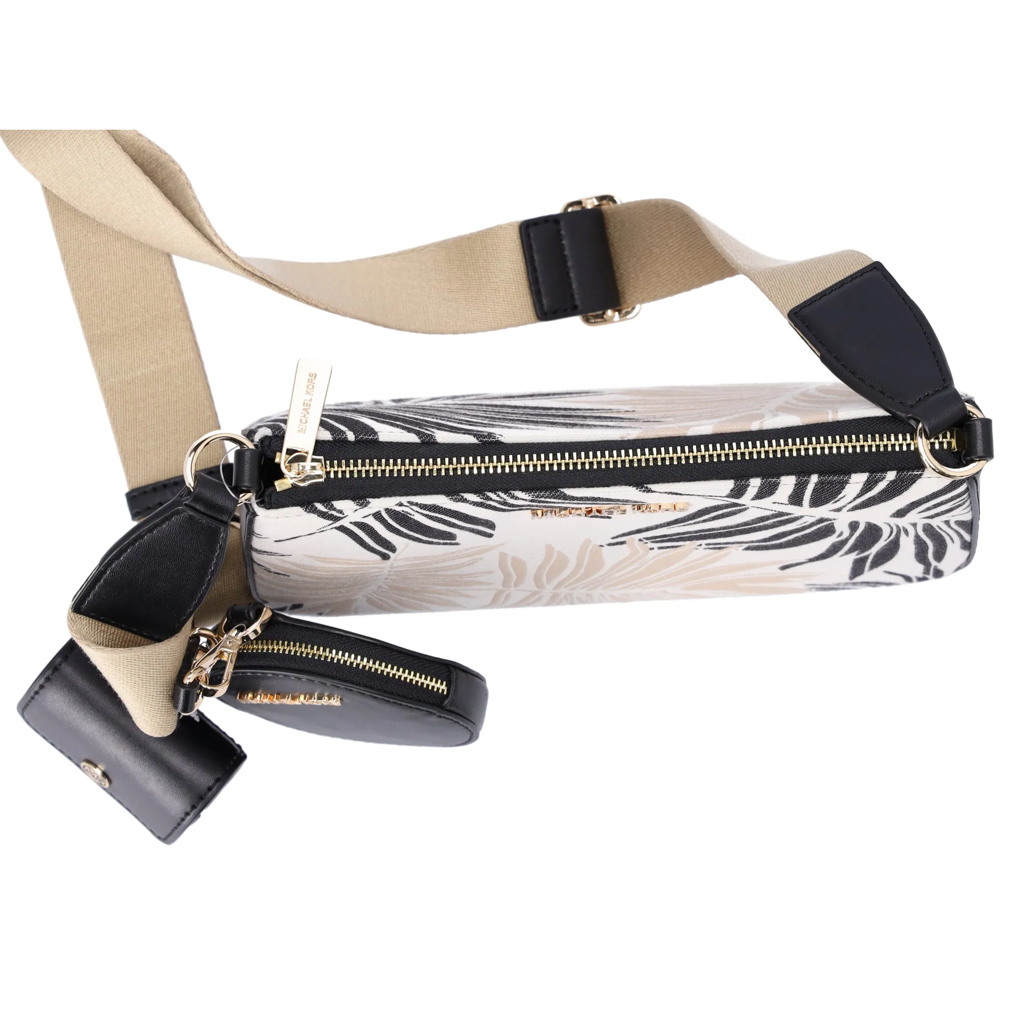 Michael Kors Jet Set Crossbody Tech Accessories Attached Black Multi Palm Leaves