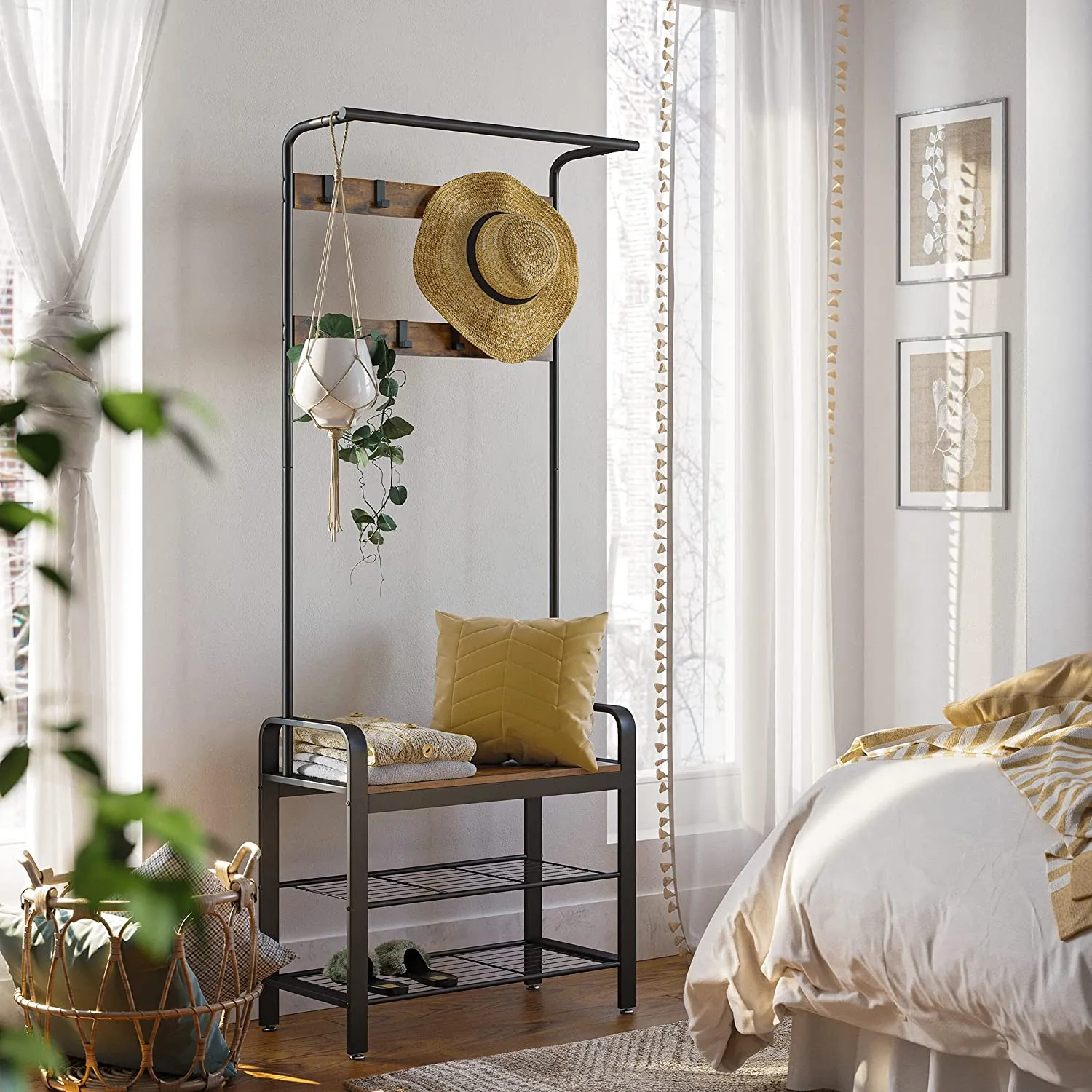 New in box! VASAGLE Coat Rack Standing, Shoe Bench, Hall Tree Storage Shelf for Entryway, Rustic Brown and Black
