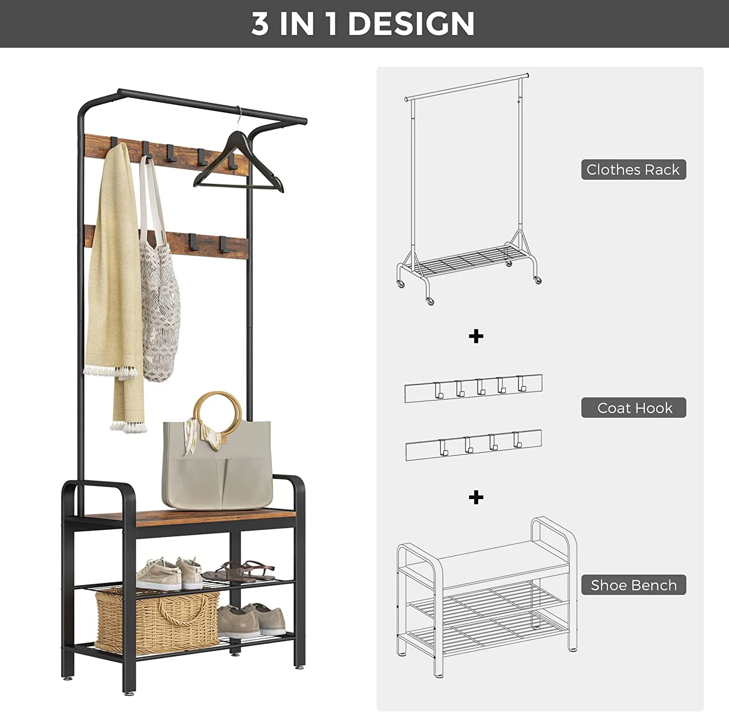 New in box! VASAGLE Coat Rack Standing, Shoe Bench, Hall Tree Storage Shelf for Entryway, Rustic Brown and Black