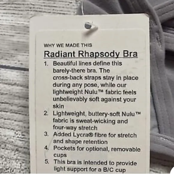 New Lululemon Radiant Rhapsody BraLavender Grey Size 6