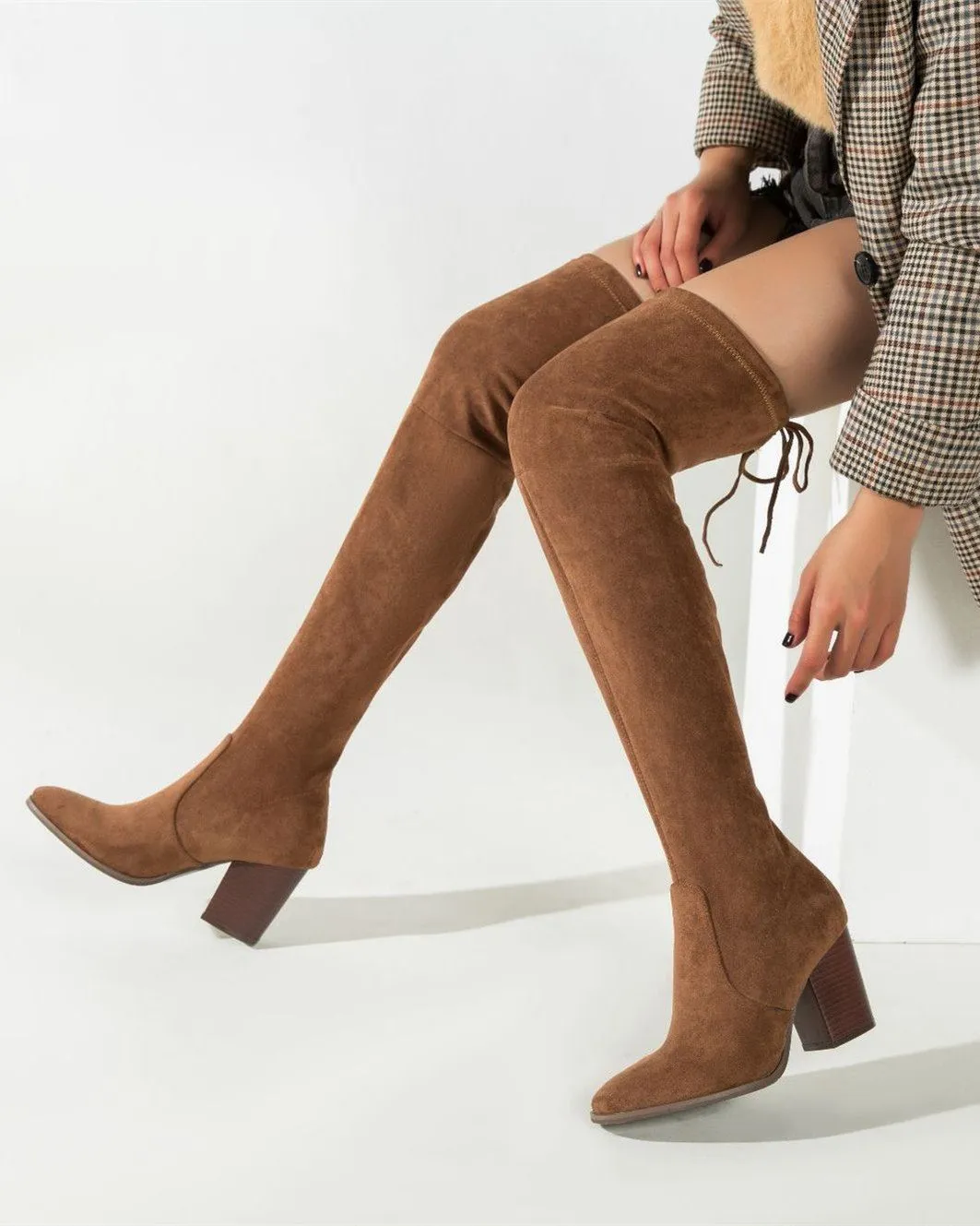 Over the Knee Suede Highland Boots - Brown