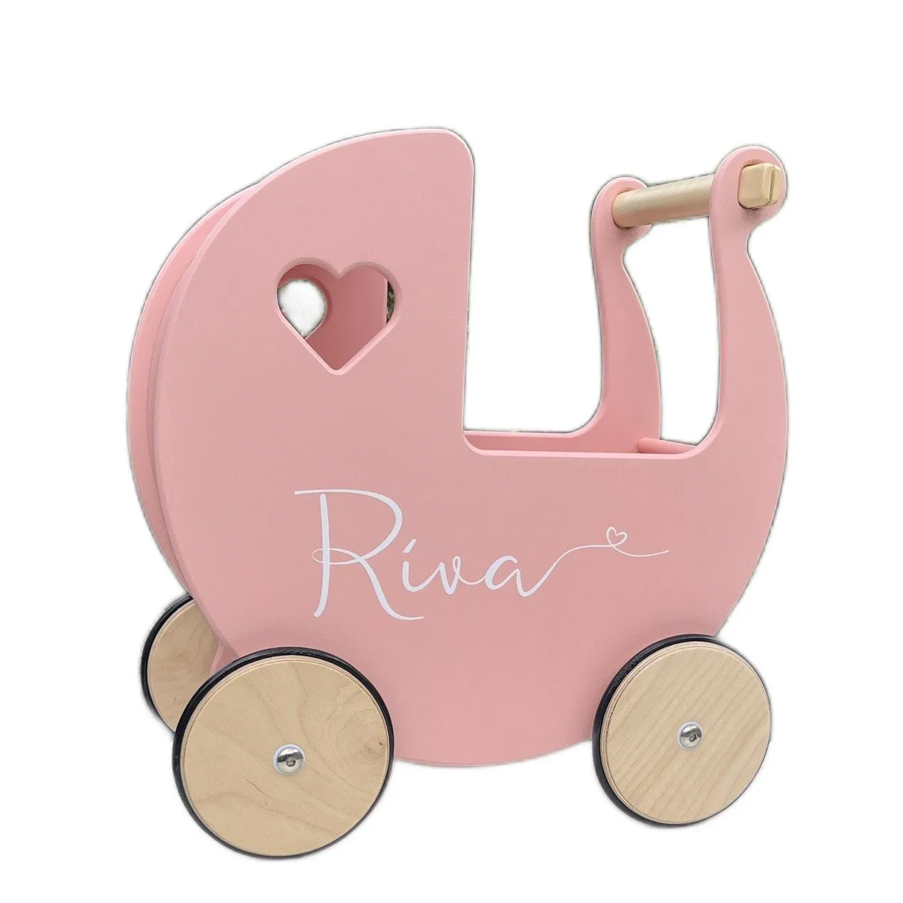 Personalised Wooden Dolls Pram - Coral Pink, Grey, Off White, Red or White