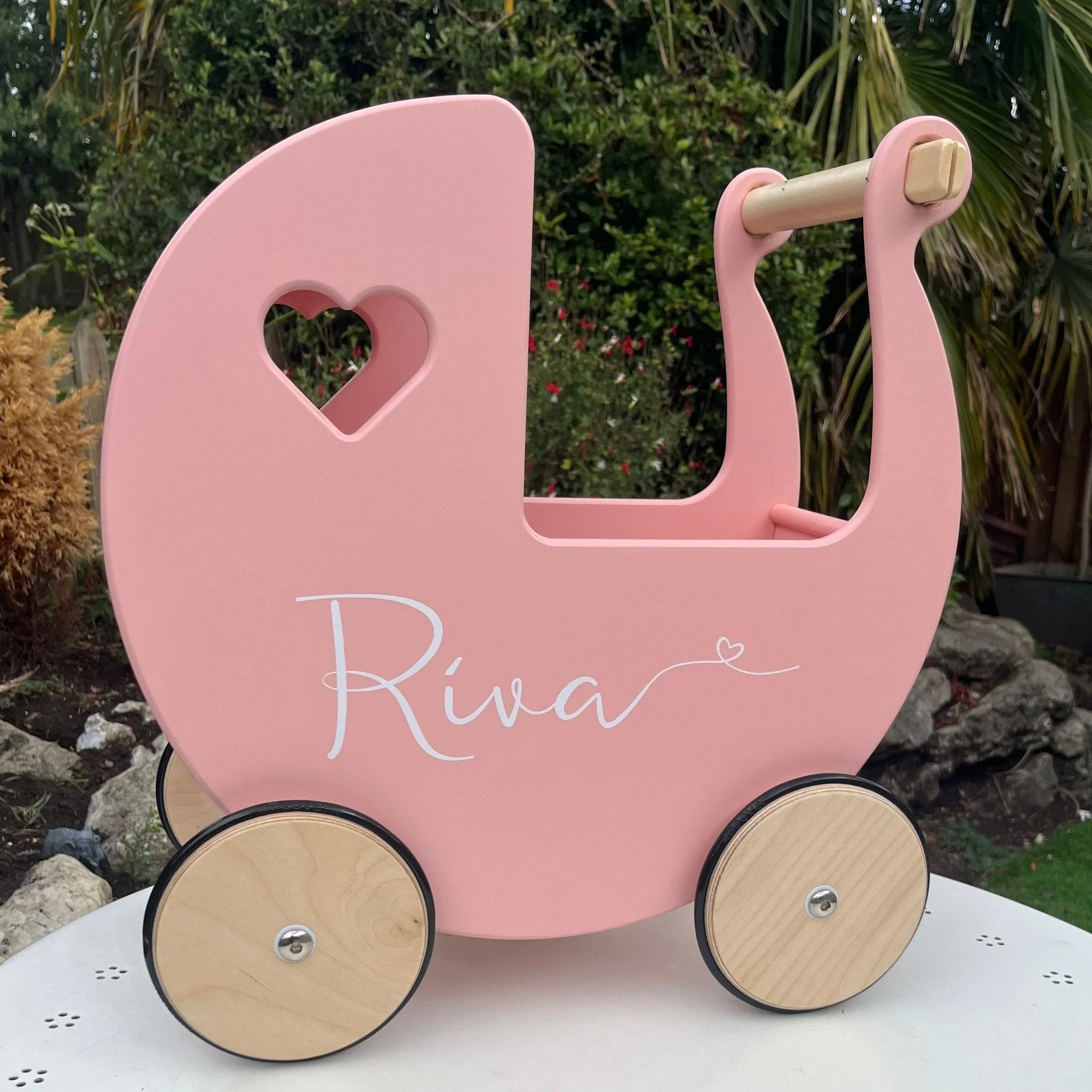 Personalised Wooden Dolls Pram - Coral Pink, Grey, Off White, Red or White