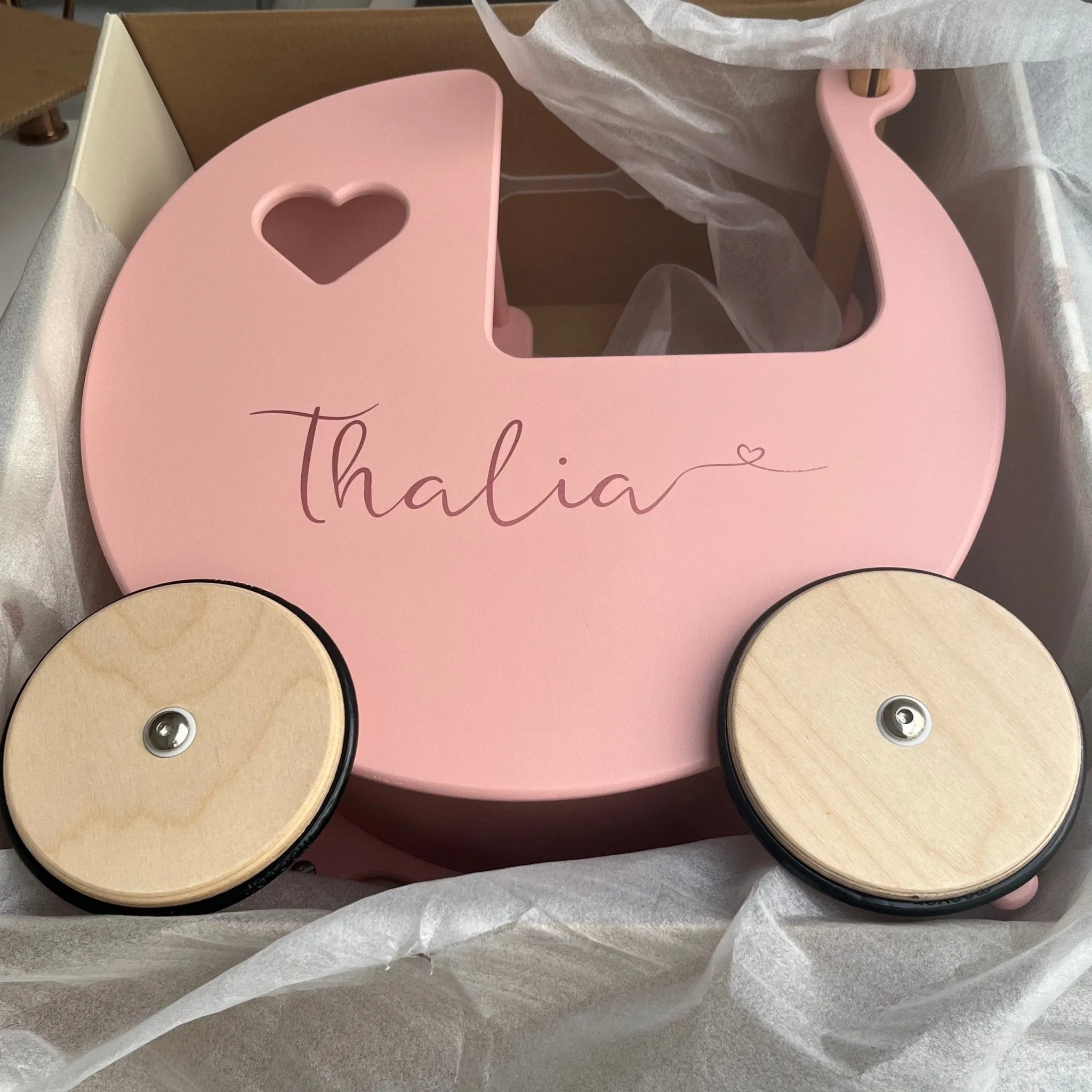 Personalised Wooden Dolls Pram - Coral Pink, Grey, Off White, Red or White