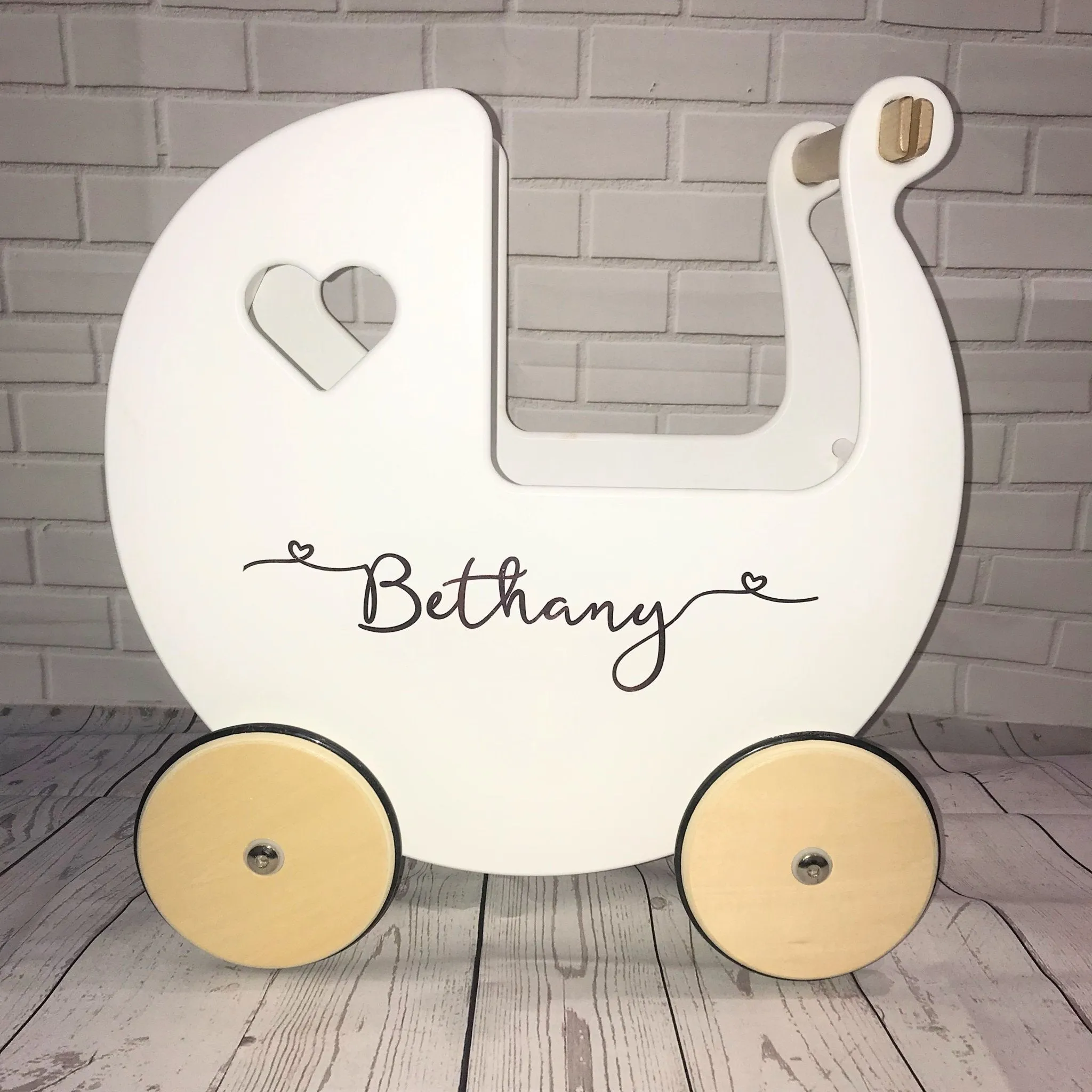 Personalised Wooden Dolls Pram - Coral Pink, Grey, Off White, Red or White