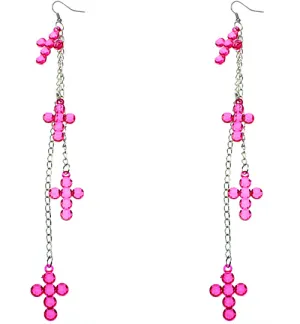 Pink Long Chain Cross Earrings