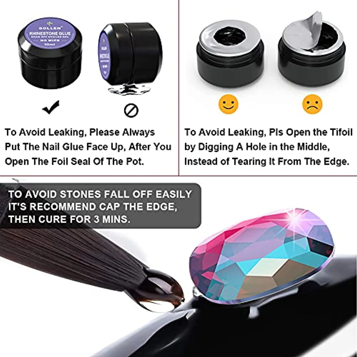 Rhinestones Glue for Nails, 10ml x2 Nail Glue for Stones and Gems Long Lasting Adhesive Super Strong Jewlery Nail Art Glue 3Pcs Nail Brushes, Wax Pencils, Stick& Picking Tweezers (UV/LED Cure Needed)