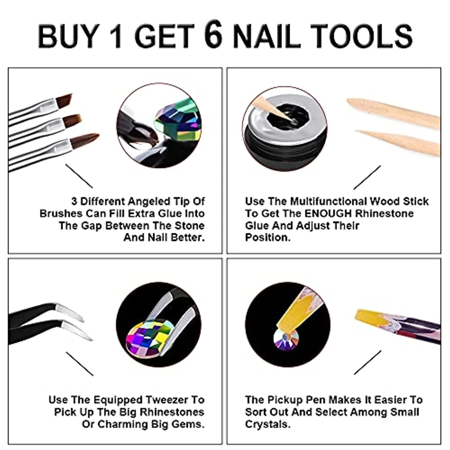 Rhinestones Glue for Nails, 10ml x2 Nail Glue for Stones and Gems Long Lasting Adhesive Super Strong Jewlery Nail Art Glue 3Pcs Nail Brushes, Wax Pencils, Stick& Picking Tweezers (UV/LED Cure Needed)