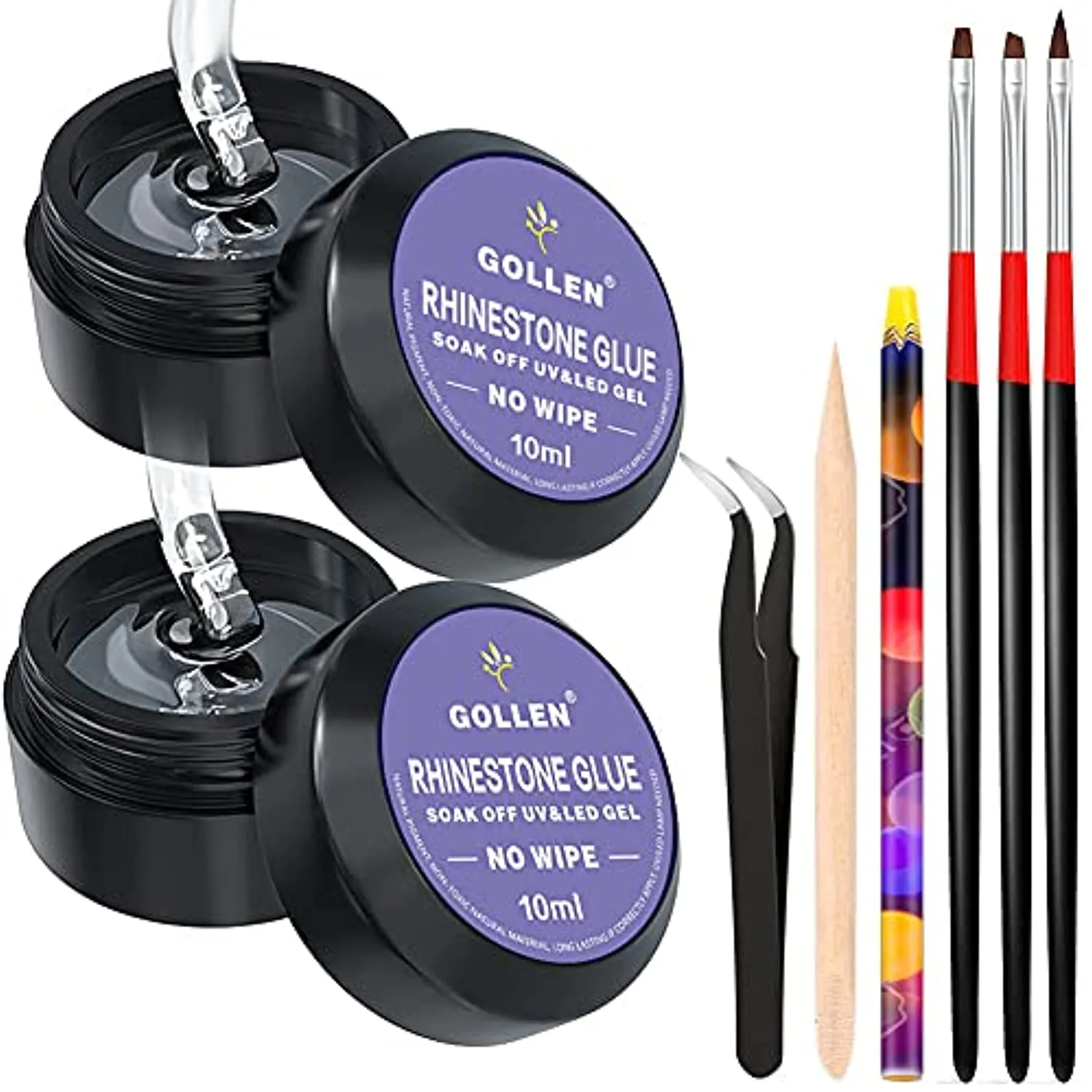 Rhinestones Glue for Nails, 10ml x2 Nail Glue for Stones and Gems Long Lasting Adhesive Super Strong Jewlery Nail Art Glue 3Pcs Nail Brushes, Wax Pencils, Stick& Picking Tweezers (UV/LED Cure Needed)