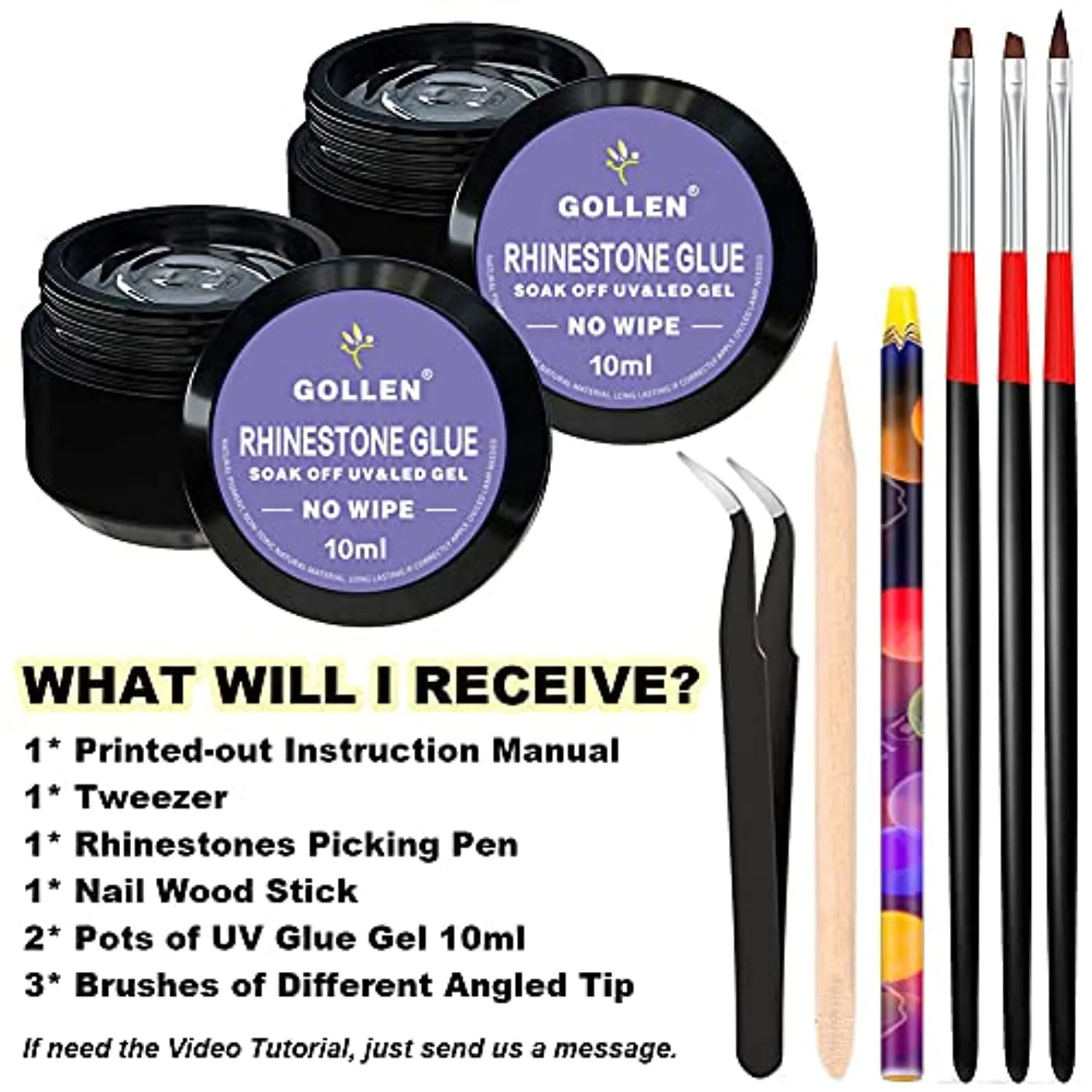 Rhinestones Glue for Nails, 10ml x2 Nail Glue for Stones and Gems Long Lasting Adhesive Super Strong Jewlery Nail Art Glue 3Pcs Nail Brushes, Wax Pencils, Stick& Picking Tweezers (UV/LED Cure Needed)