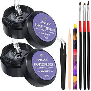 Rhinestones Glue for Nails, 10ml x2 Nail Glue for Stones and Gems Long Lasting Adhesive Super Strong Jewlery Nail Art Glue 3Pcs Nail Brushes, Wax Pencils, Stick& Picking Tweezers (UV/LED Cure Needed)