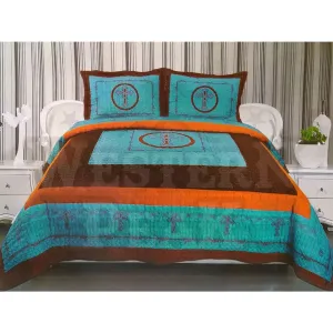 Rustic Turquoise Western Cross Print 3 Piece Home Quilt Set