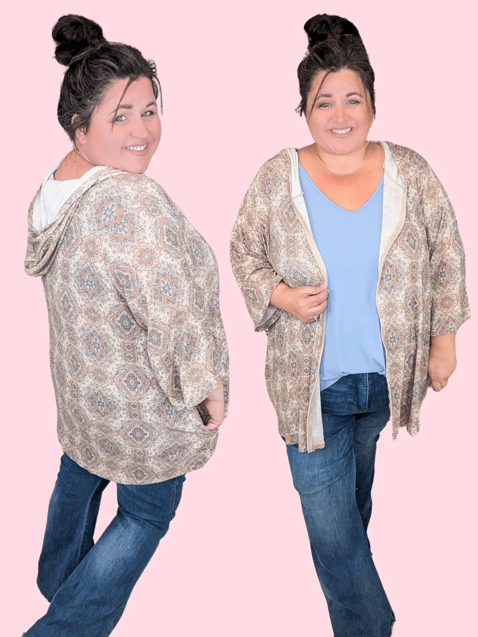 SALE- Adrianna Lightweight Zipup Hoodie in Neutral Damask